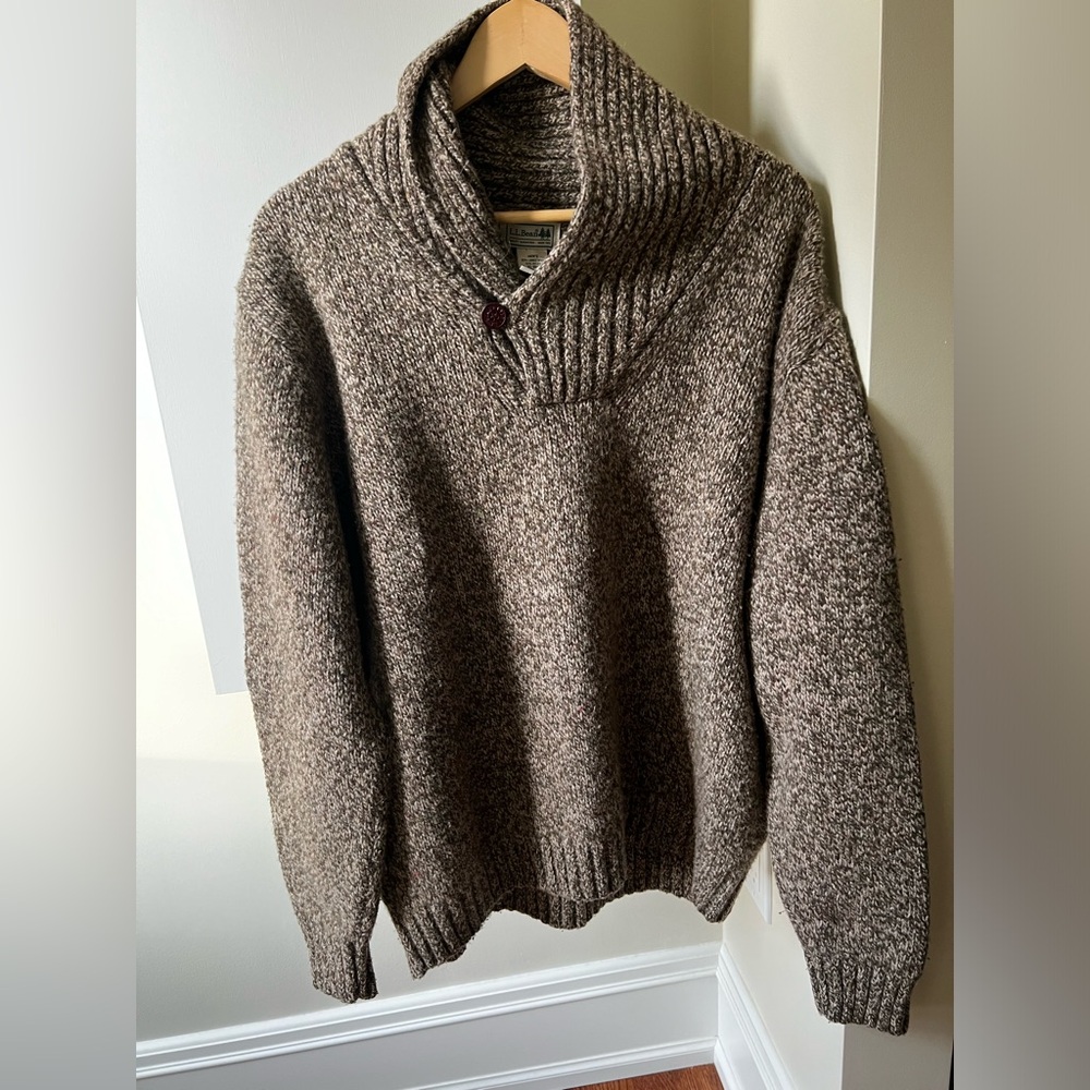 LL BEAN Shawl Collar Sweater Classic Lambs Wool Thick Chunky Grandpa Cozy XL